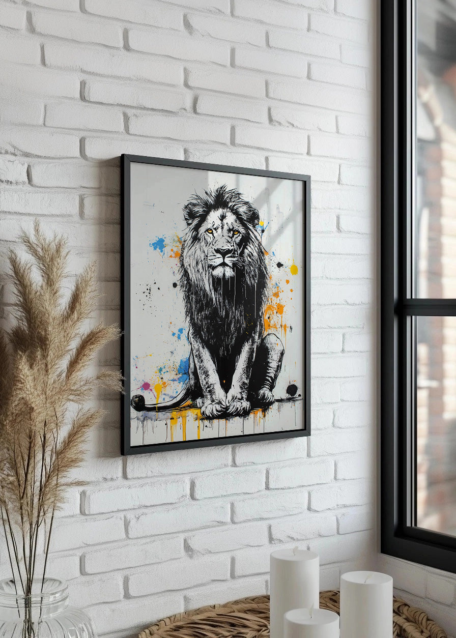 Cuadro León sentado con explosión de color