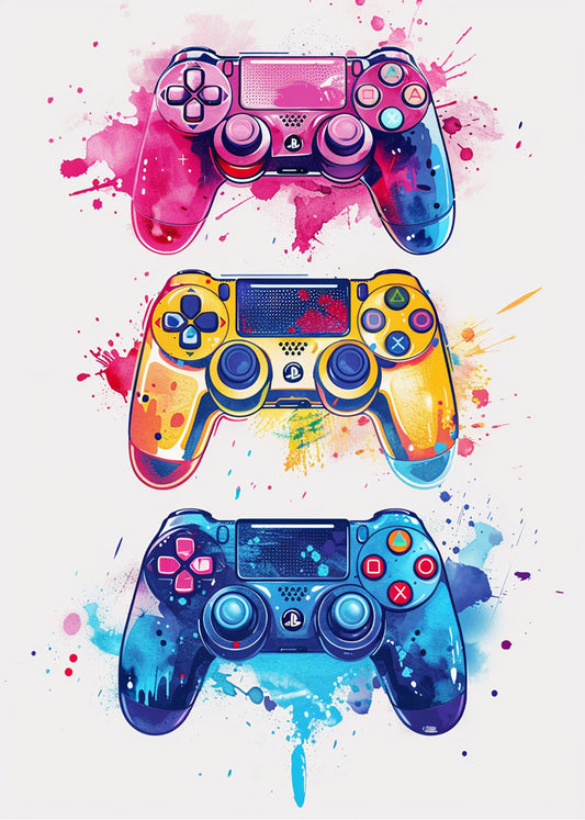 Cuadro Mandos videojuego en azul, amarillo y rosa