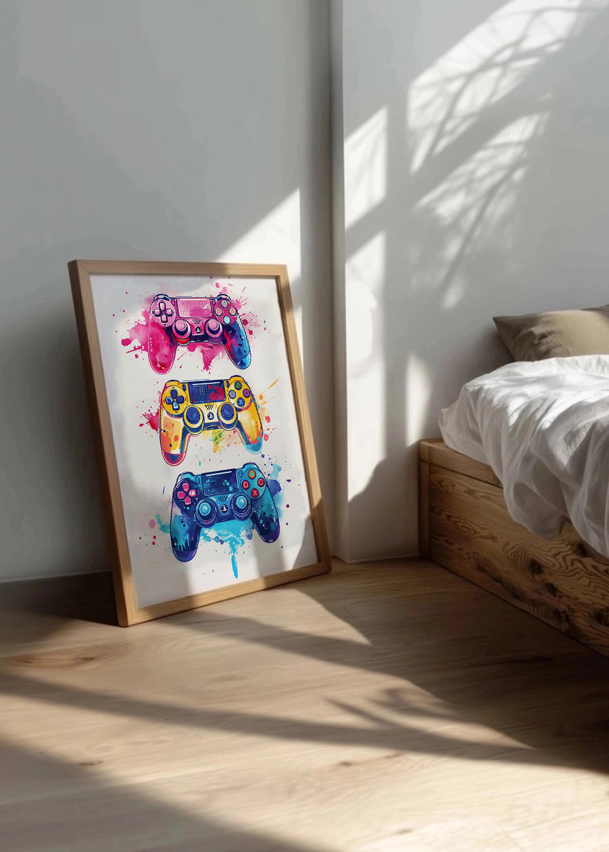 Cuadro Mandos videojuego en azul, amarillo y rosa