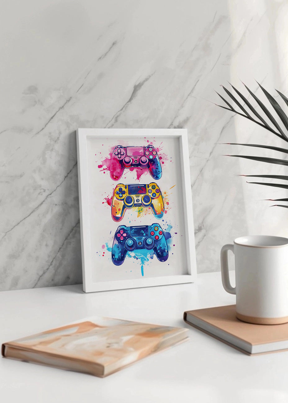 Cuadro Mandos videojuego en azul, amarillo y rosa