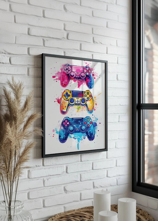 Cuadro Mandos videojuego en azul, amarillo y rosa