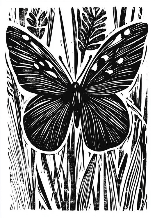 Cuadro Mariposa diseño Linocut - blanco y negro