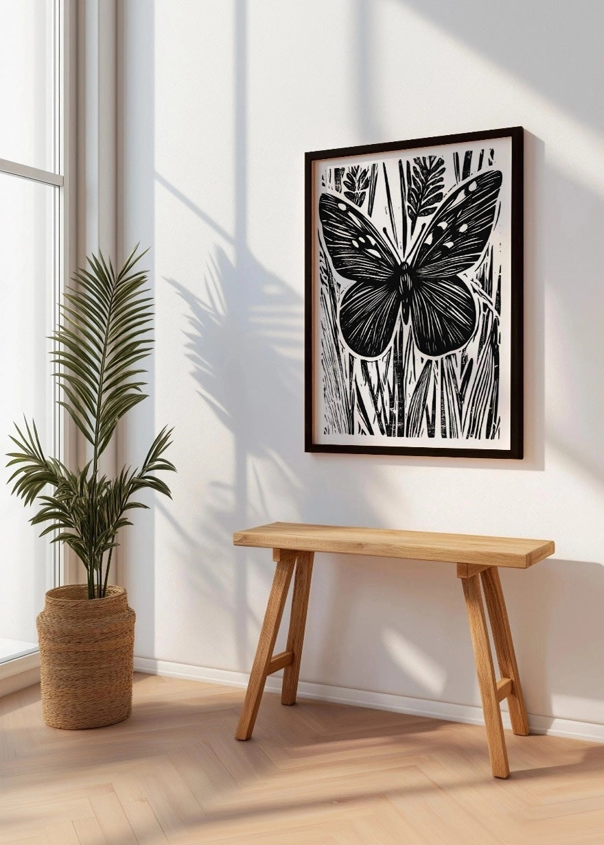 Cuadro Mariposa diseño Linocut - blanco y negro