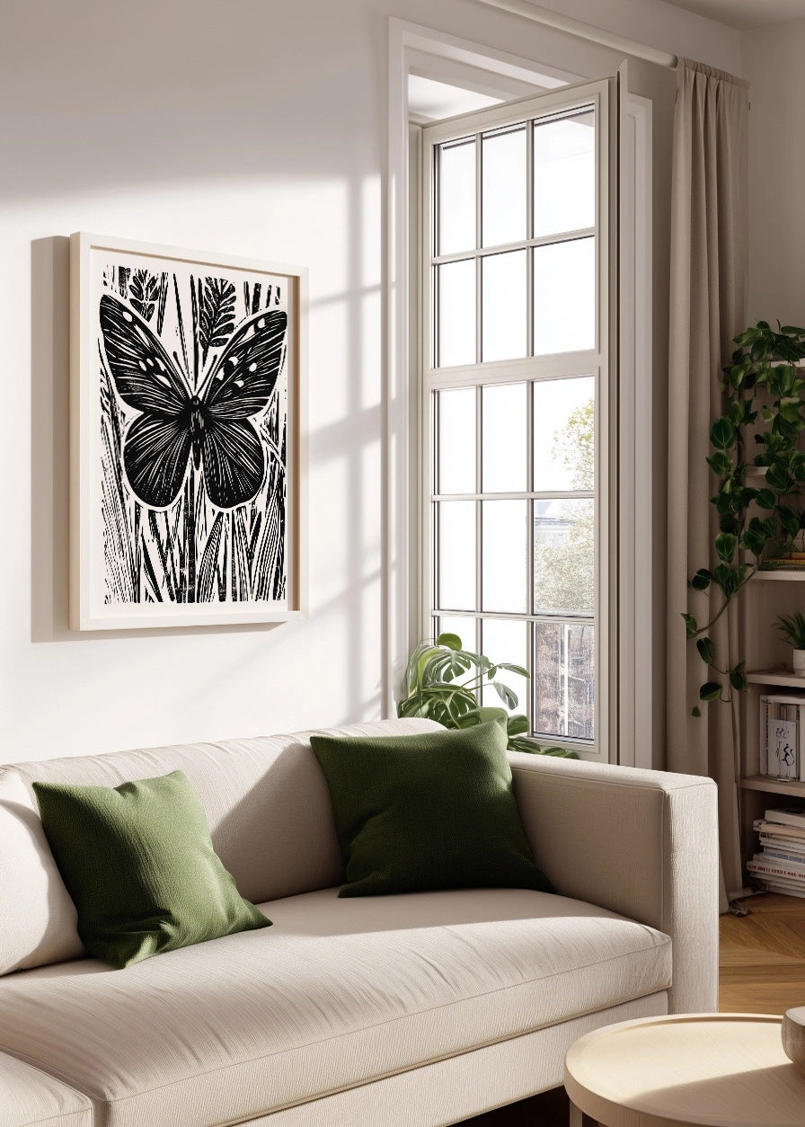 Cuadro Mariposa diseño Linocut - blanco y negro
