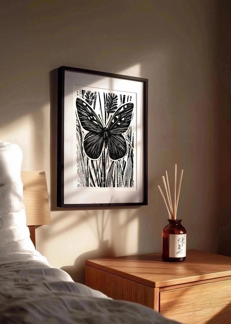 Cuadro Mariposa diseño Linocut - blanco y negro
