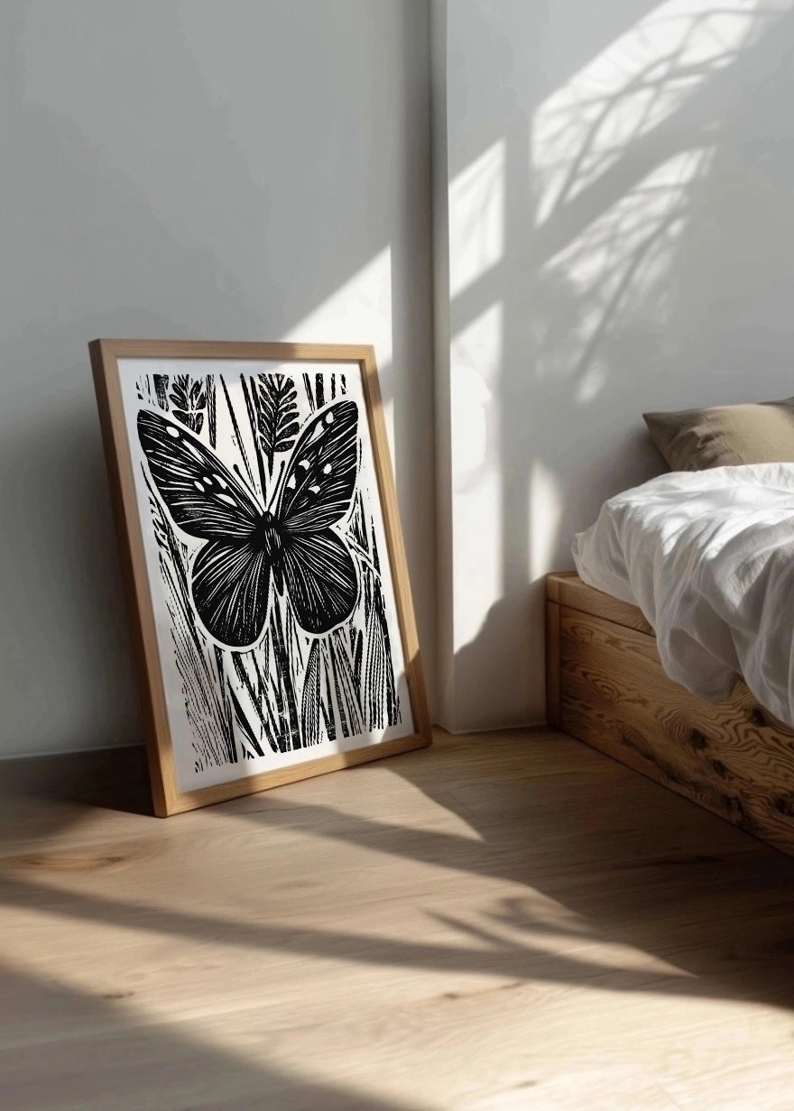 Cuadro Mariposa diseño Linocut - blanco y negro
