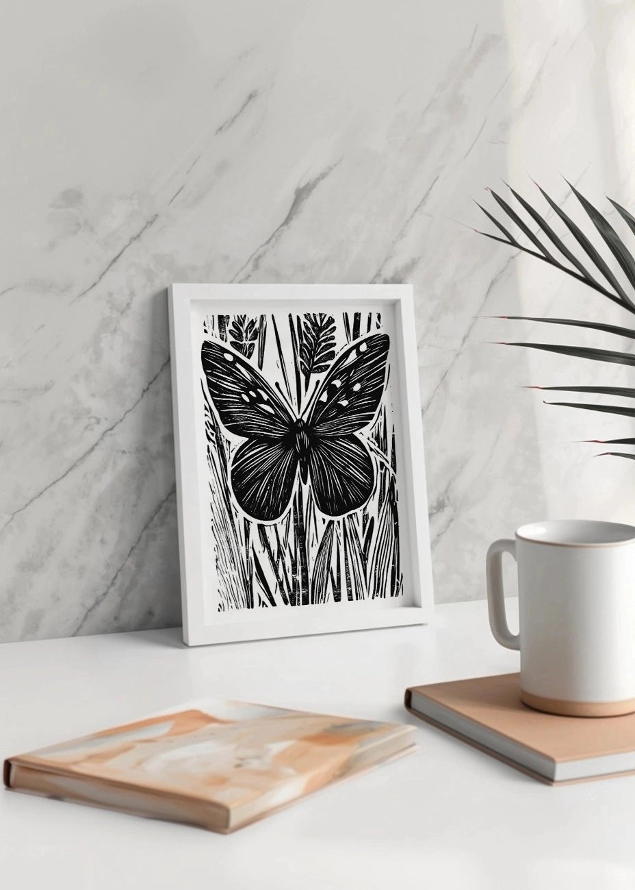 Cuadro Mariposa diseño Linocut - blanco y negro