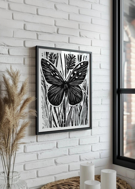 Cuadro Mariposa diseño Linocut - blanco y negro