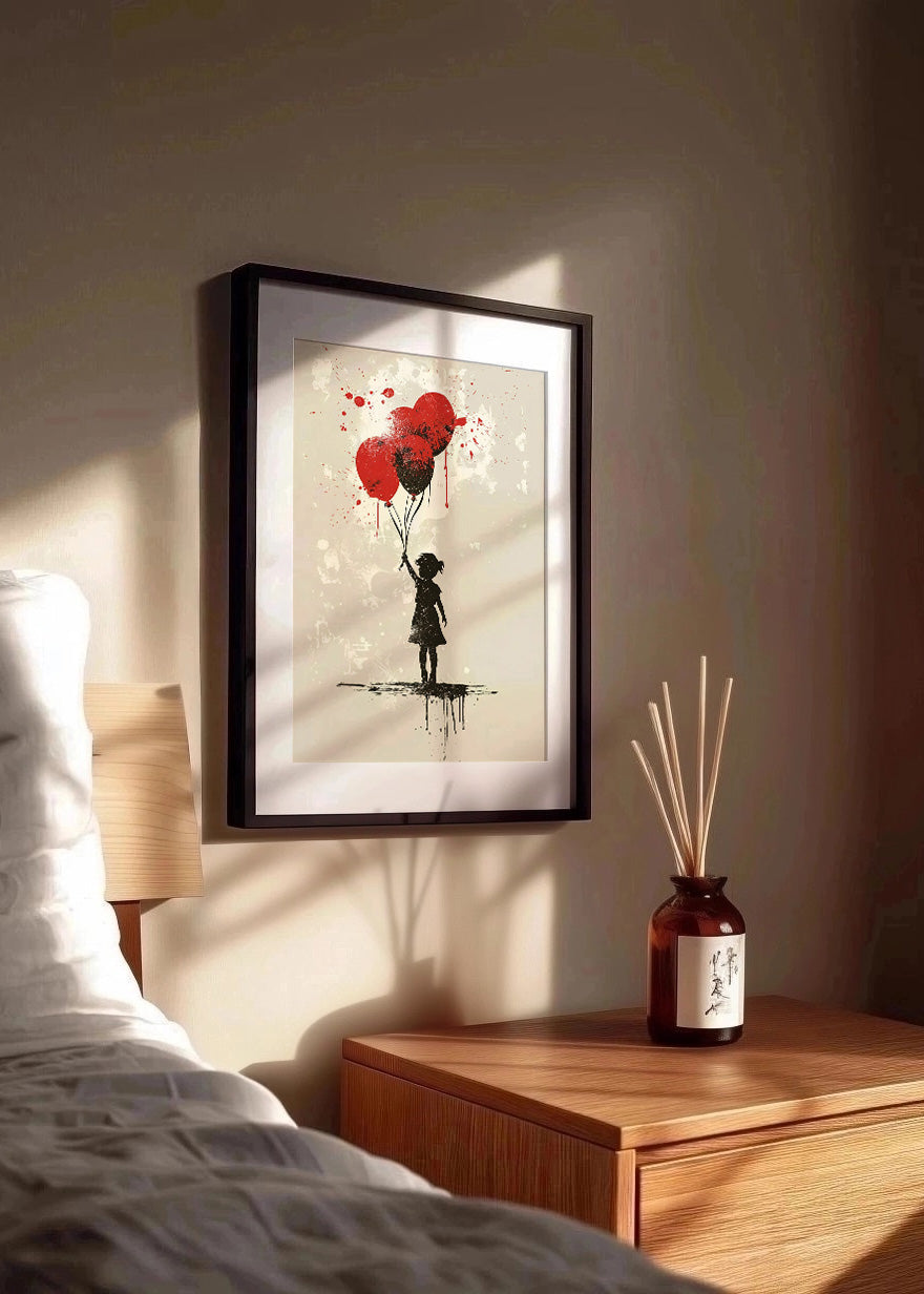 Cuadro Niña con globos en acuarela negra y roja