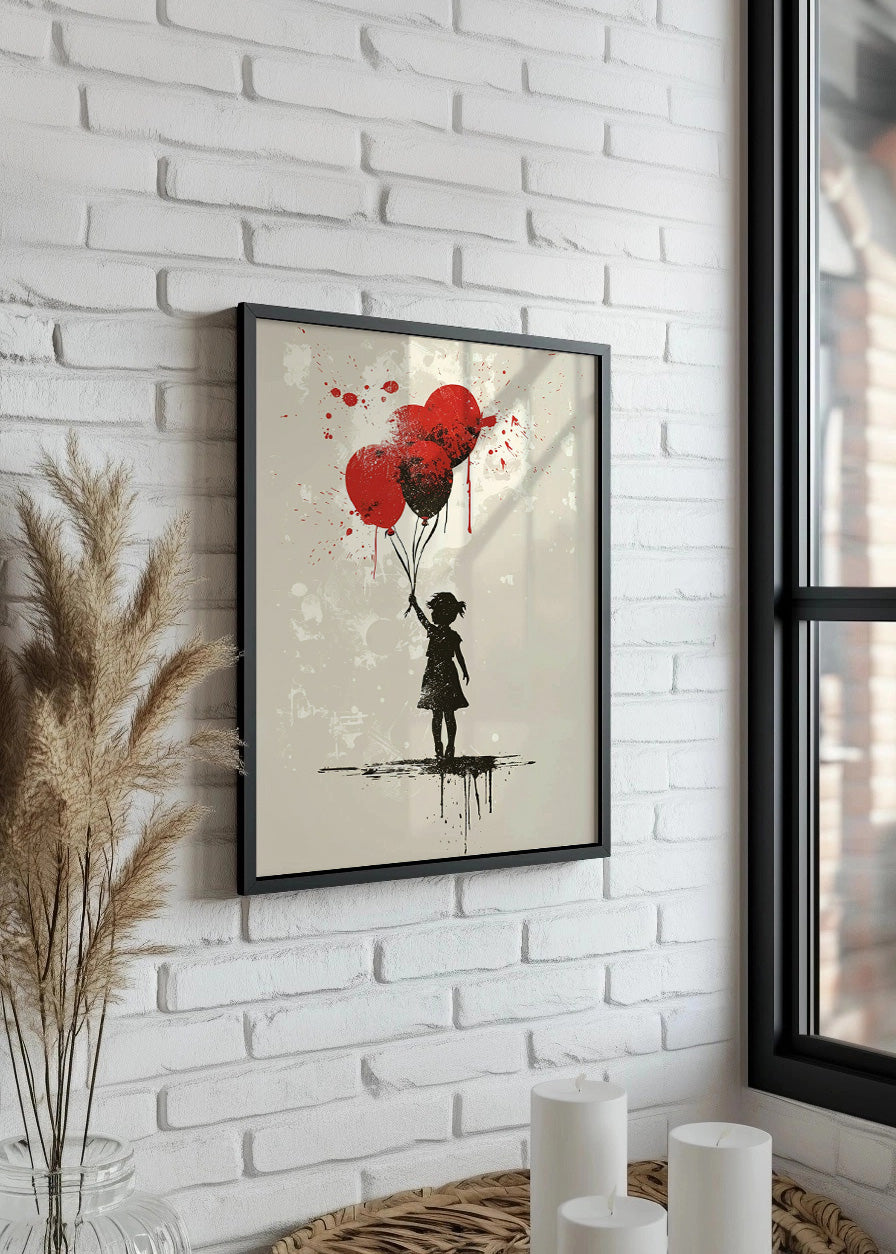 Cuadro Niña con globos en acuarela negra y roja