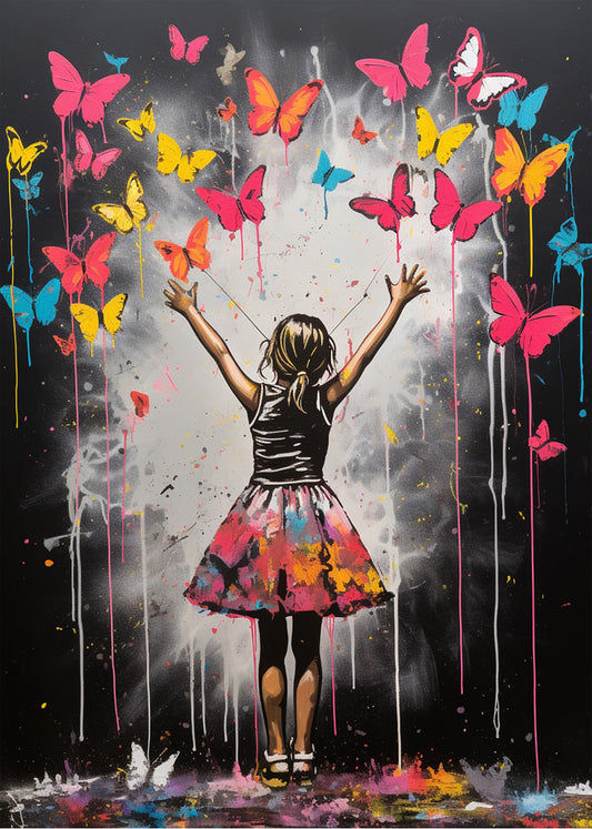 Cuadro Niña con mariposas coloridas