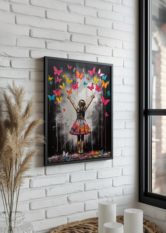 Cuadro Niña con mariposas coloridas