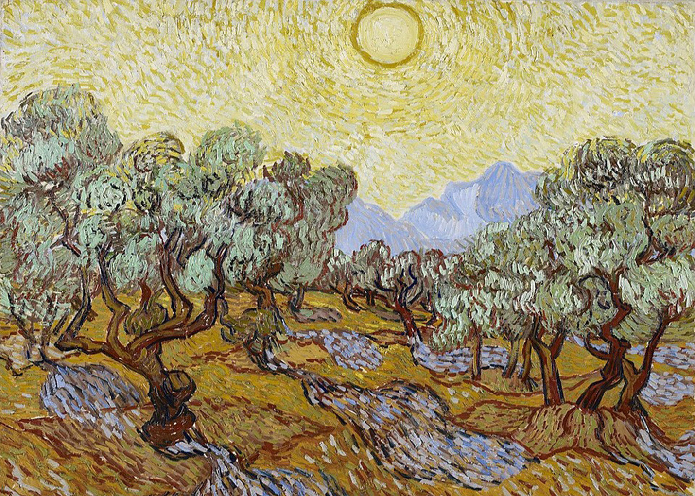 Cuadro Olivos con cielo amarillo y sol (Van Gogh)