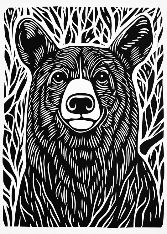 Cuadro Oso diseño Linocut - B&W