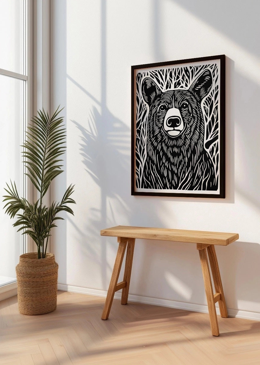 Cuadro Oso diseño Linocut - B&W