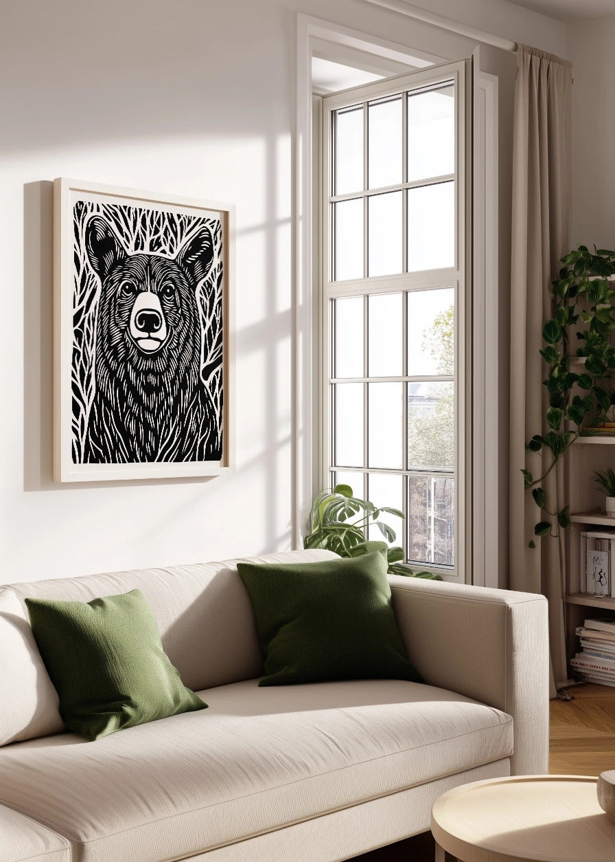 Cuadro Oso diseño Linocut - B&W