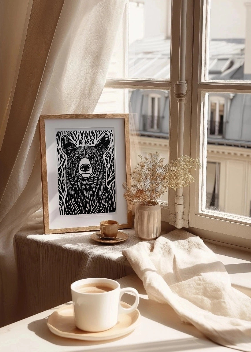 Cuadro Oso diseño Linocut - B&W