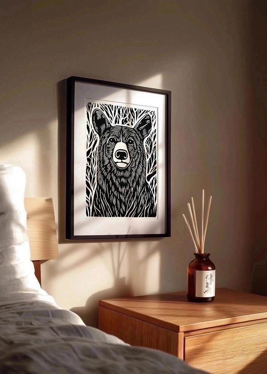 Cuadro Oso diseño Linocut - B&W