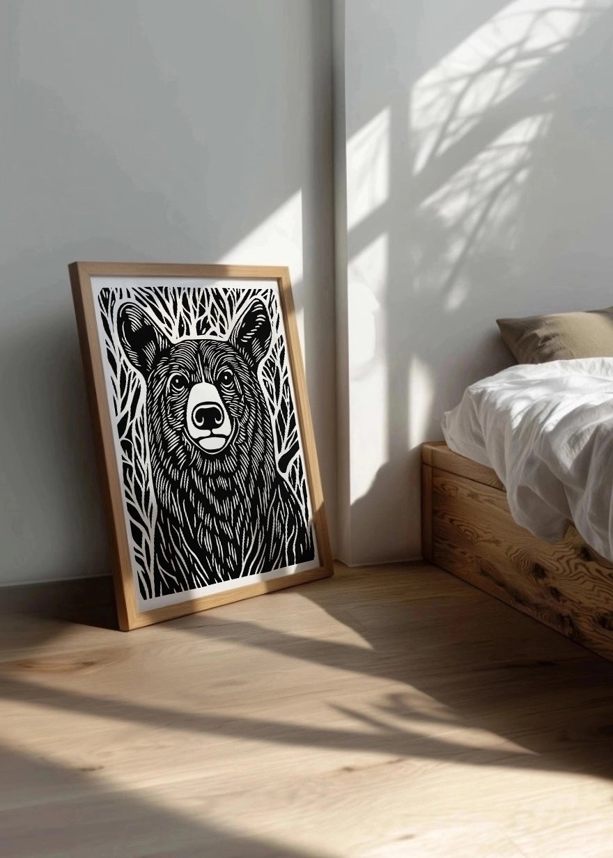Cuadro Oso diseño Linocut - B&W