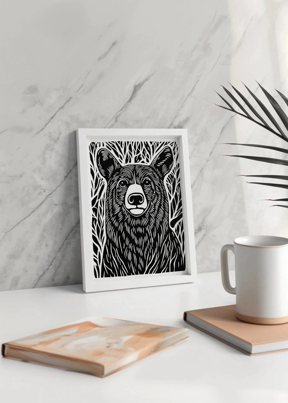 Cuadro Oso diseño Linocut - B&W