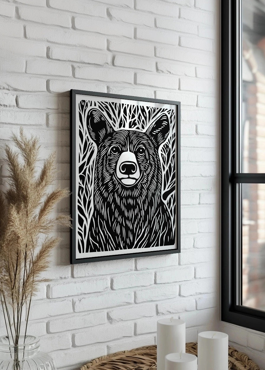 Cuadro Oso diseño Linocut - B&W