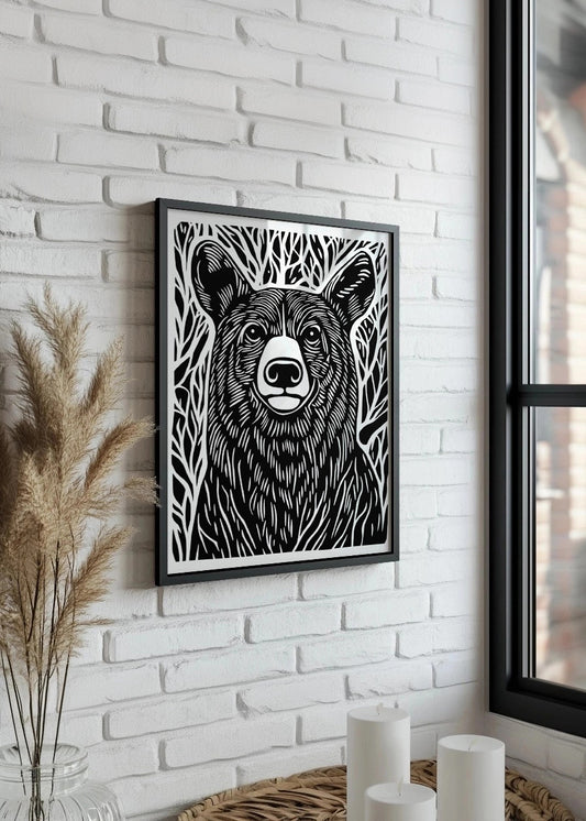 Cuadro Oso diseño Linocut - B&W
