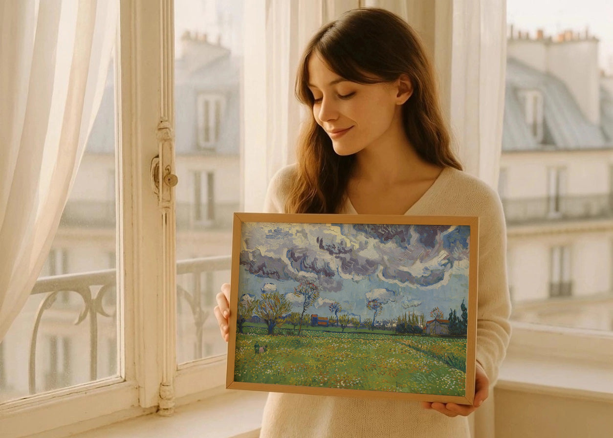 Cuadro Paisaje con flores bajo un cielo tormentoso (Van Gogh)