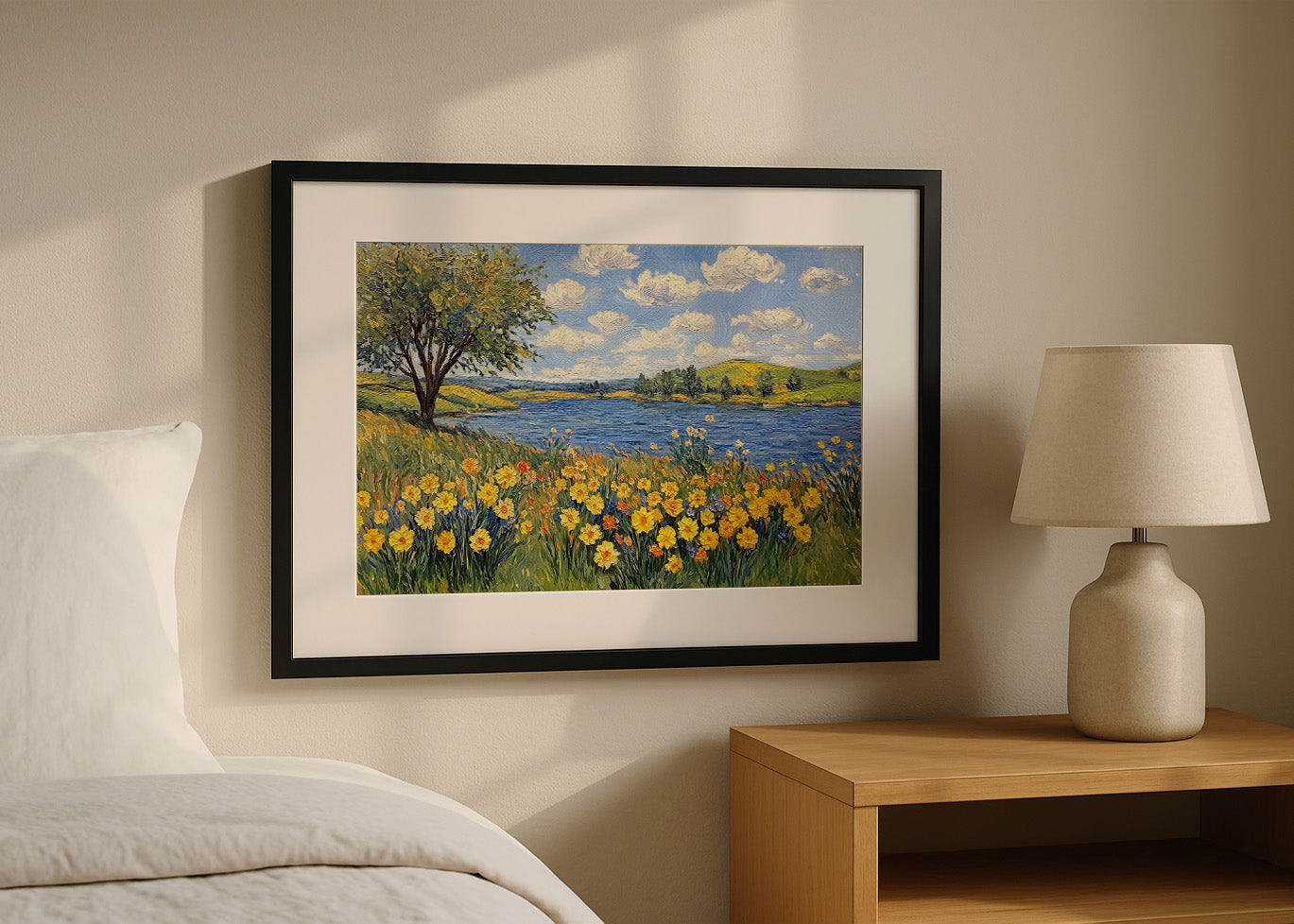 Cuadro Paisaje de lago con flores