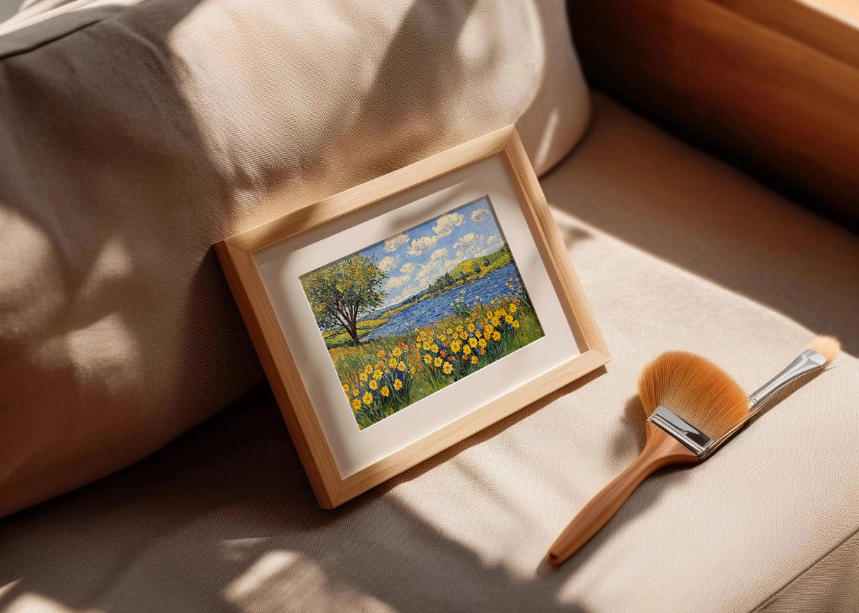 Cuadro Paisaje de lago con flores