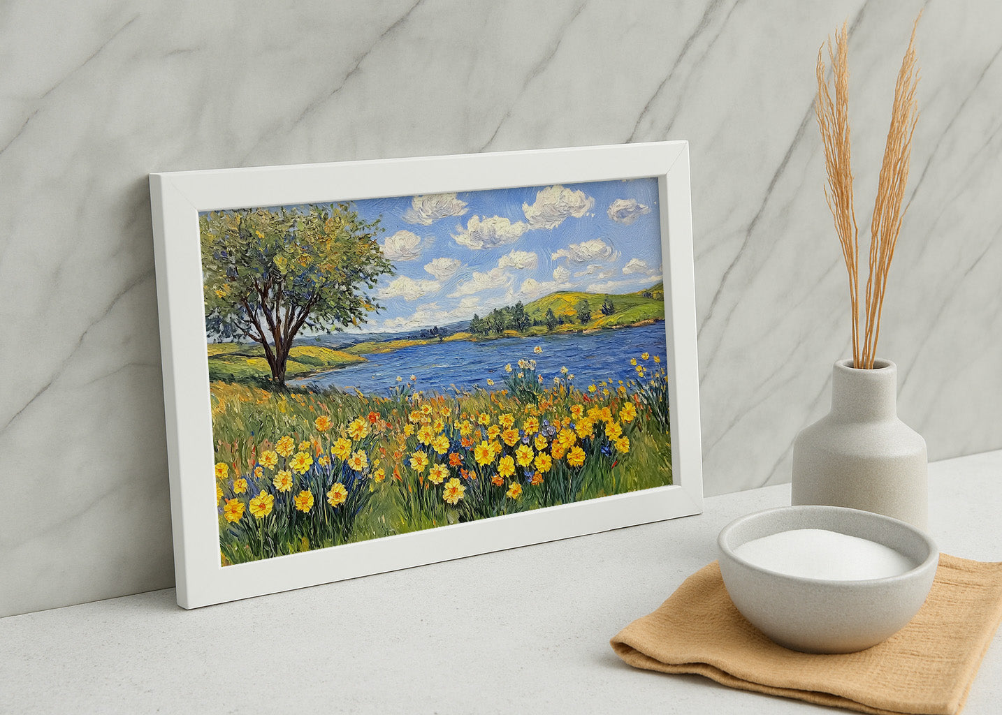 Cuadro Paisaje de lago con flores