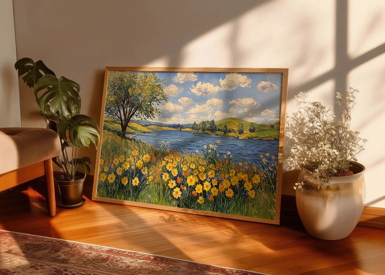 Cuadro Paisaje de lago con flores