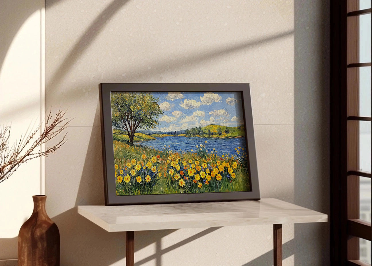 Cuadro Paisaje de lago con flores