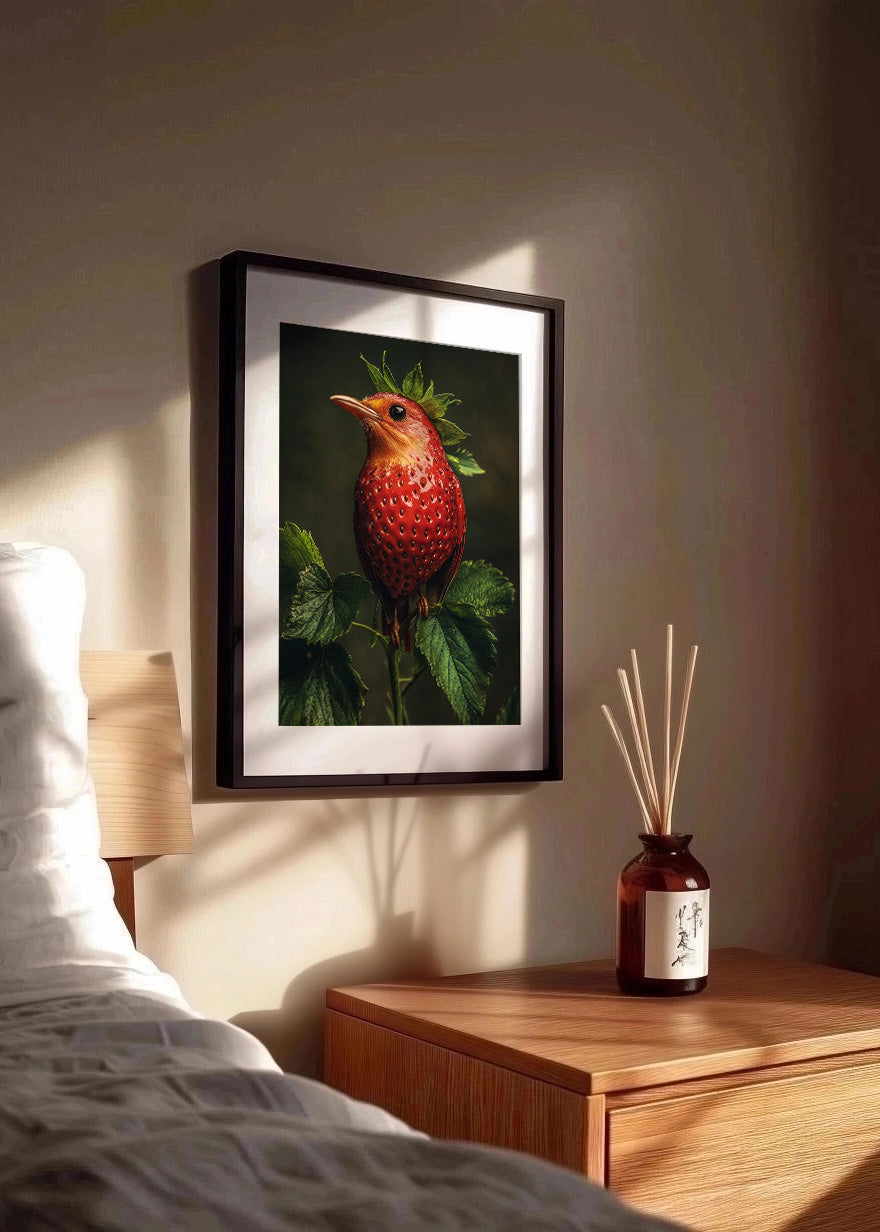 Cuadro Pájaro fresa en ramita de menta
