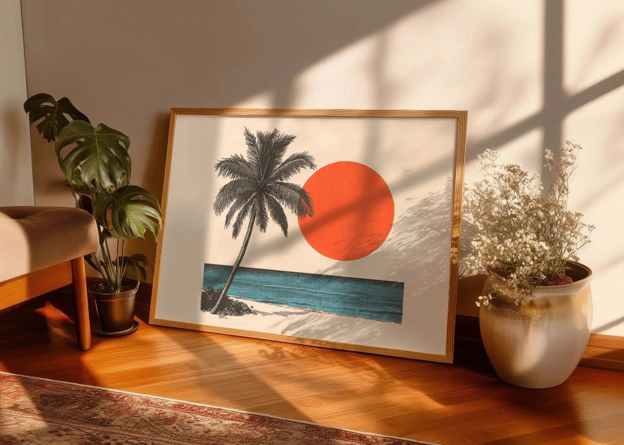 Cuadro Palmera con el mar y la luna roja
