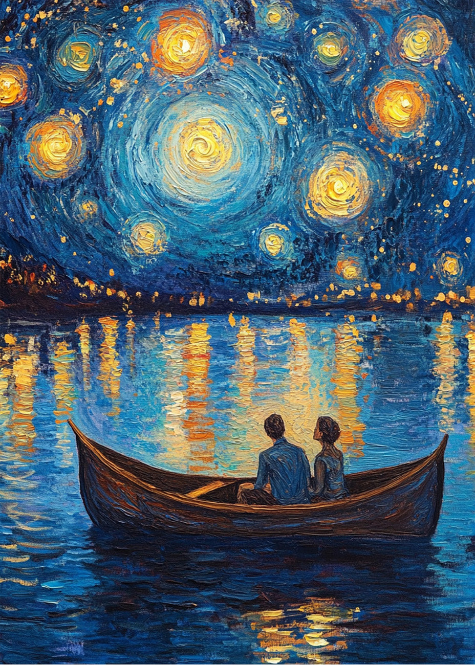 Cuadro Pareja en barco en la noche estrellada