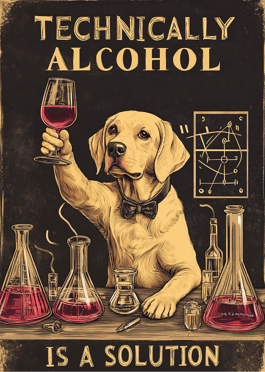 Cuadro Perro labrador científico con vino