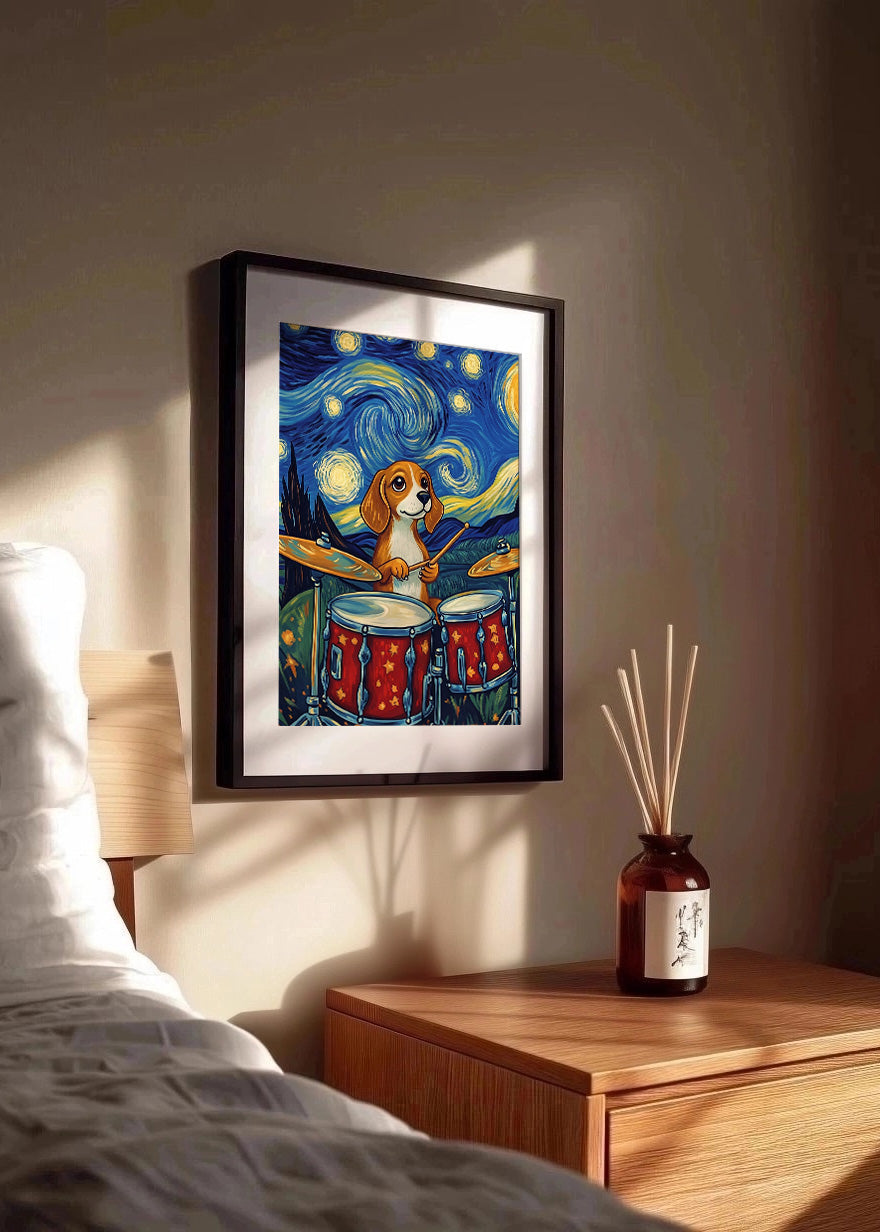 Cuadro Perrito tocando la bateria en starry night