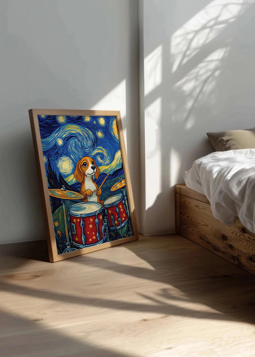Cuadro Perrito tocando la bateria en starry night