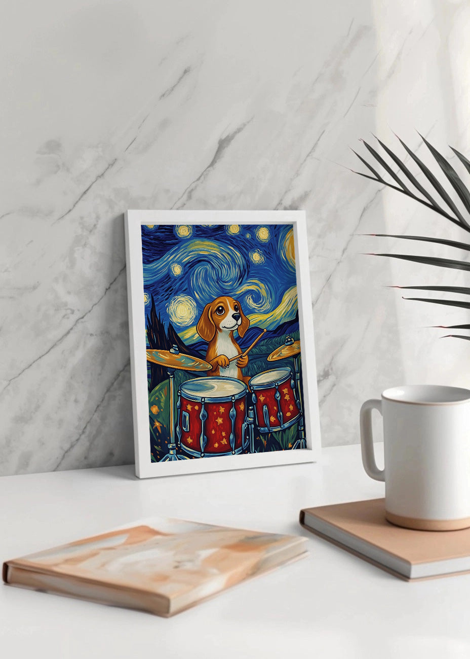Cuadro Perrito tocando la bateria en starry night