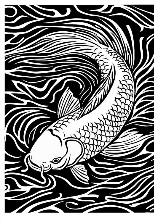 Cuadro Pez Koi diseño Linocut - blanco y negro