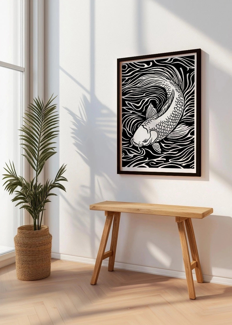 Cuadro Pez Koi diseño Linocut - blanco y negro