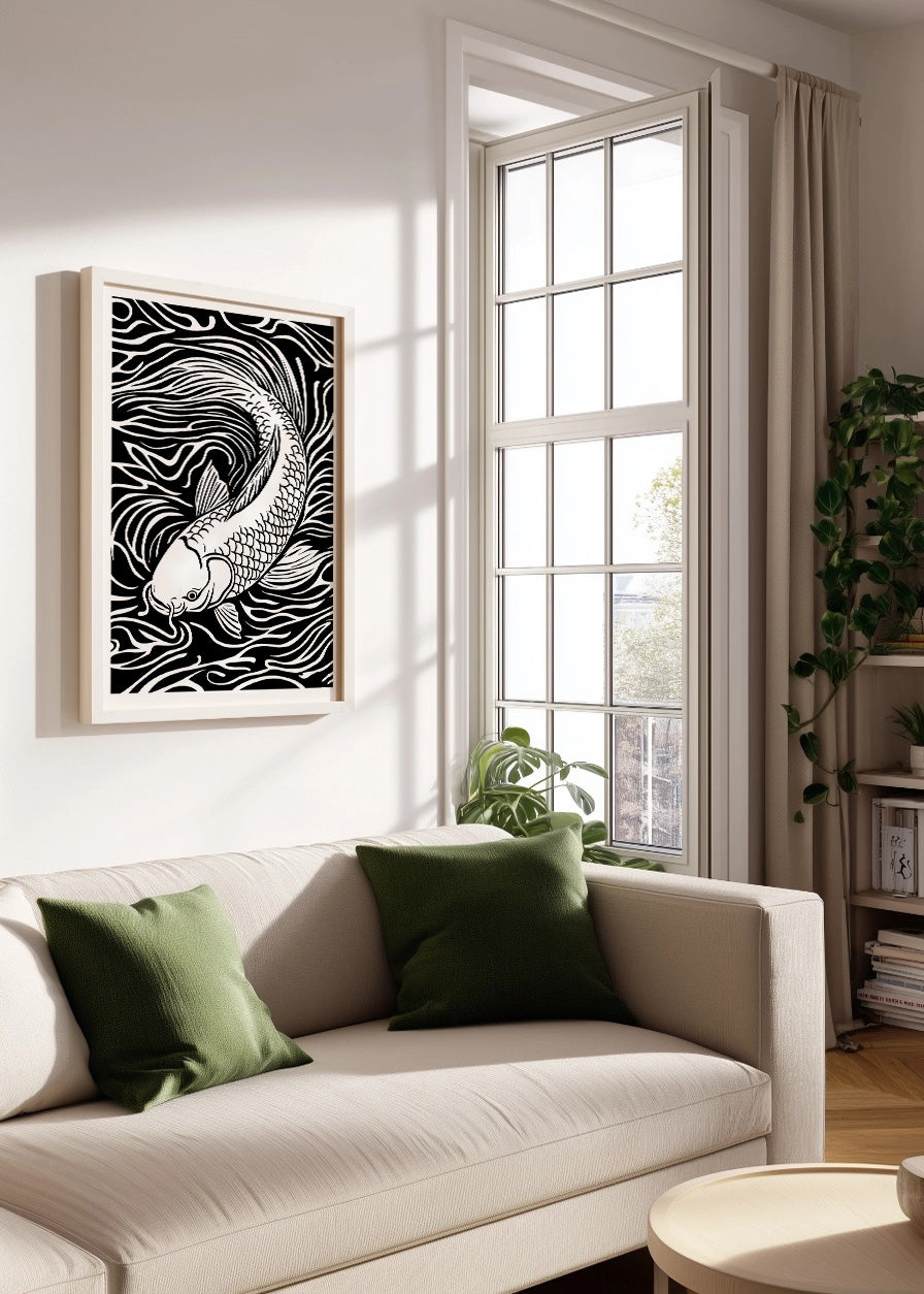 Cuadro Pez Koi diseño Linocut - blanco y negro