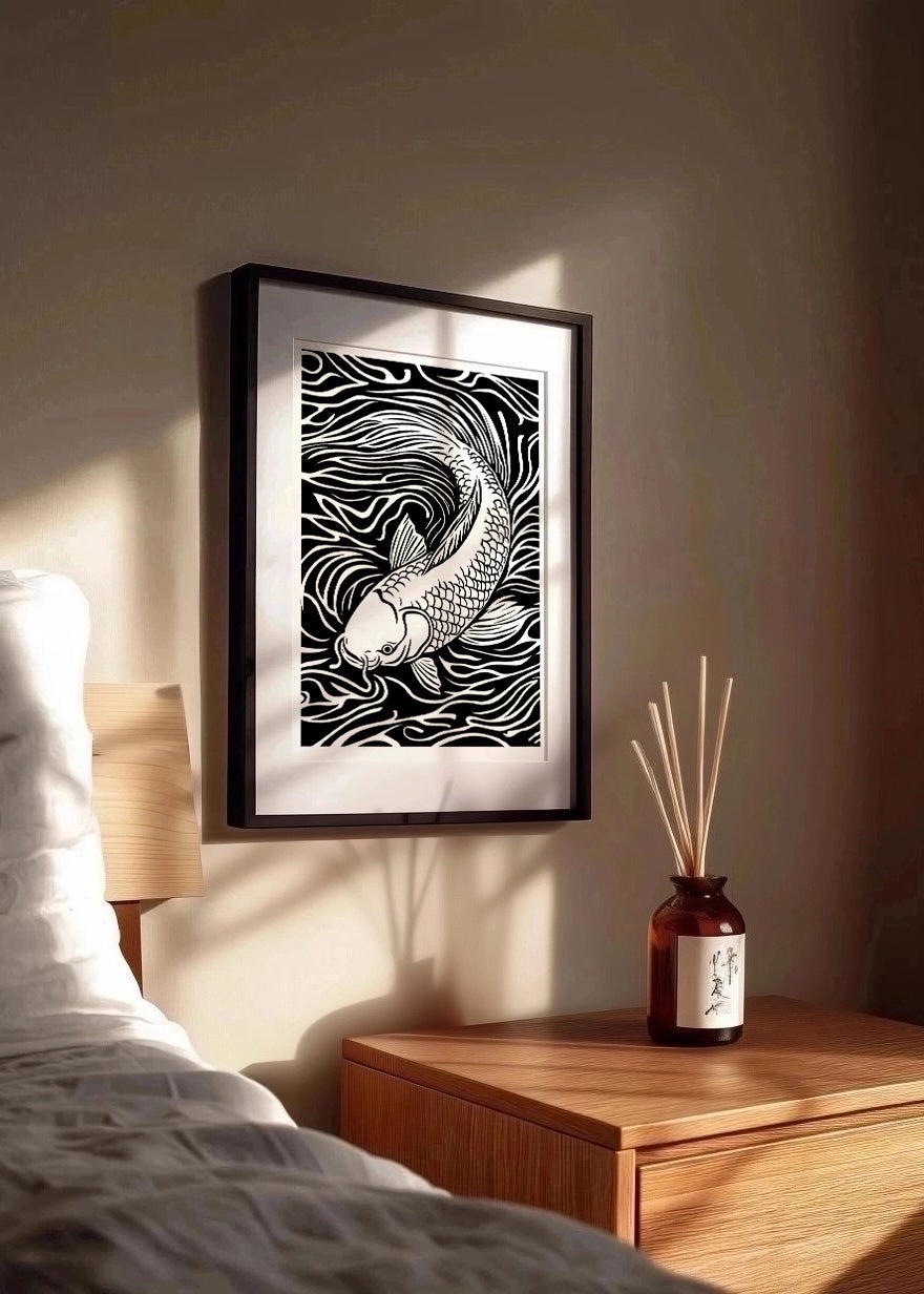 Cuadro Pez Koi diseño Linocut - blanco y negro