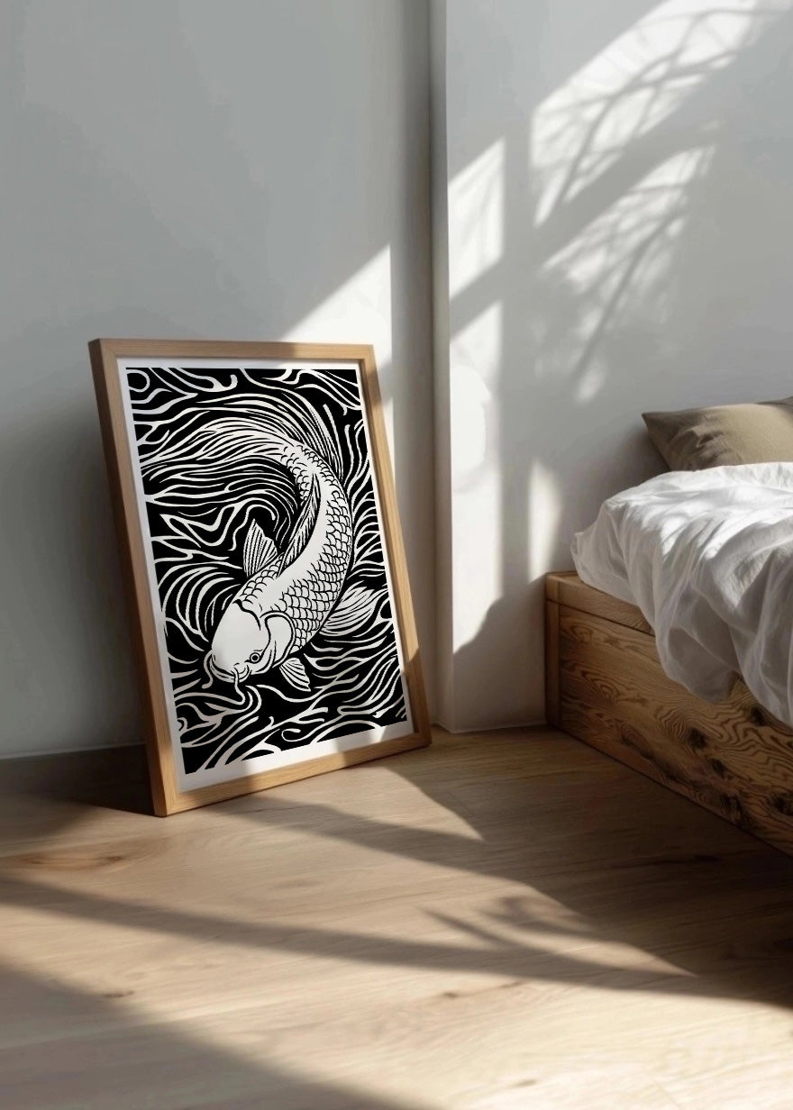 Cuadro Pez Koi diseño Linocut - blanco y negro