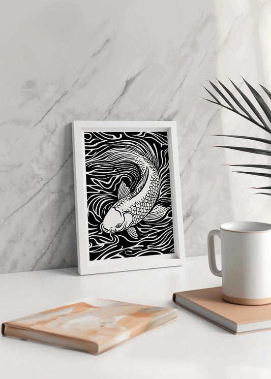 Cuadro Pez Koi diseño Linocut - blanco y negro