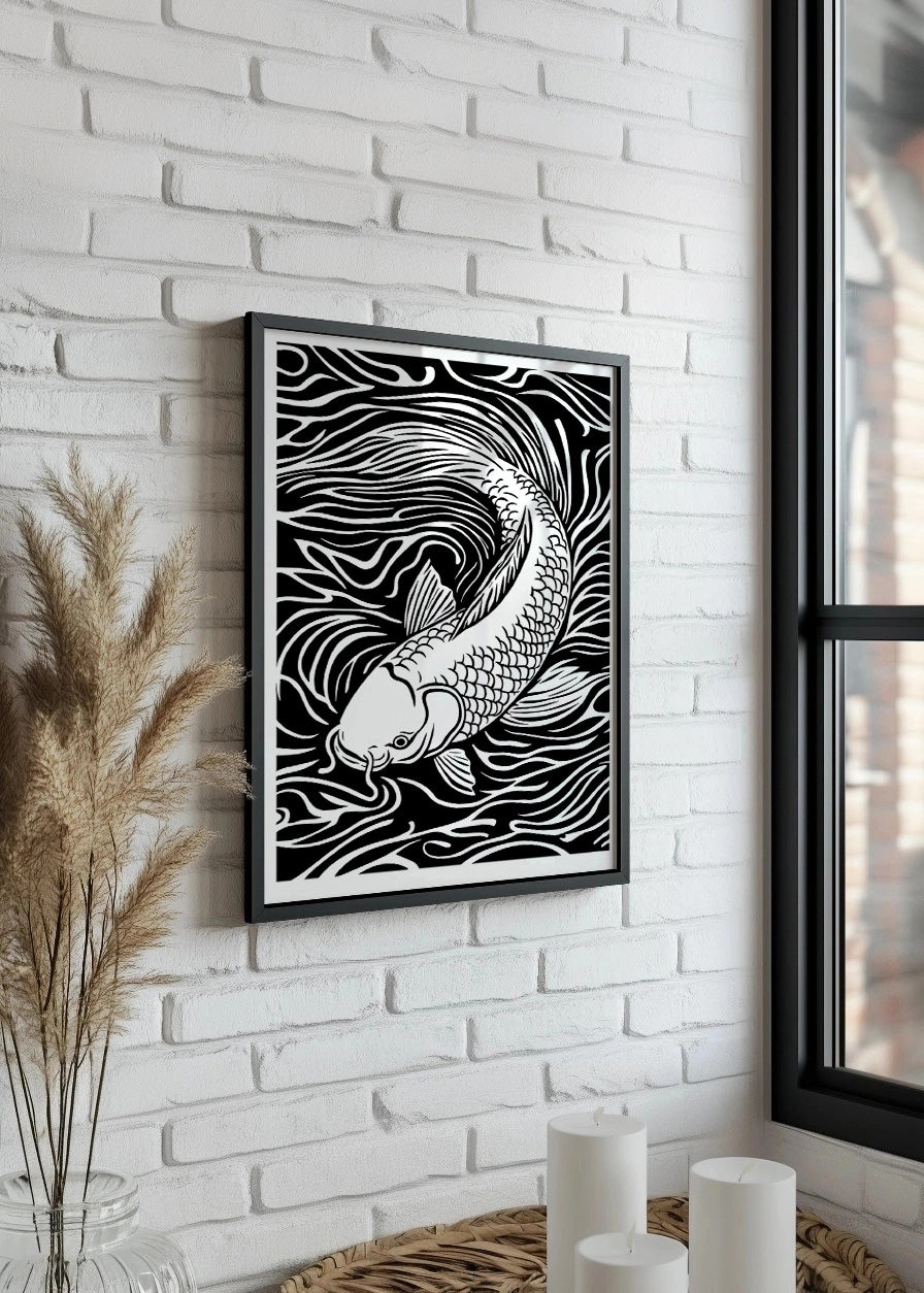Cuadro Pez Koi diseño Linocut - blanco y negro