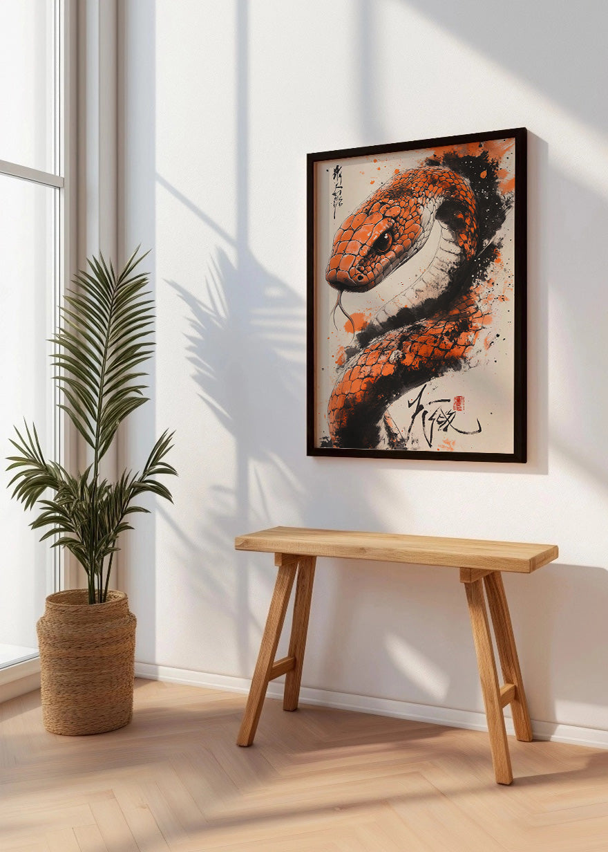 Cuadro Serpiente estilo japonés en color naranja