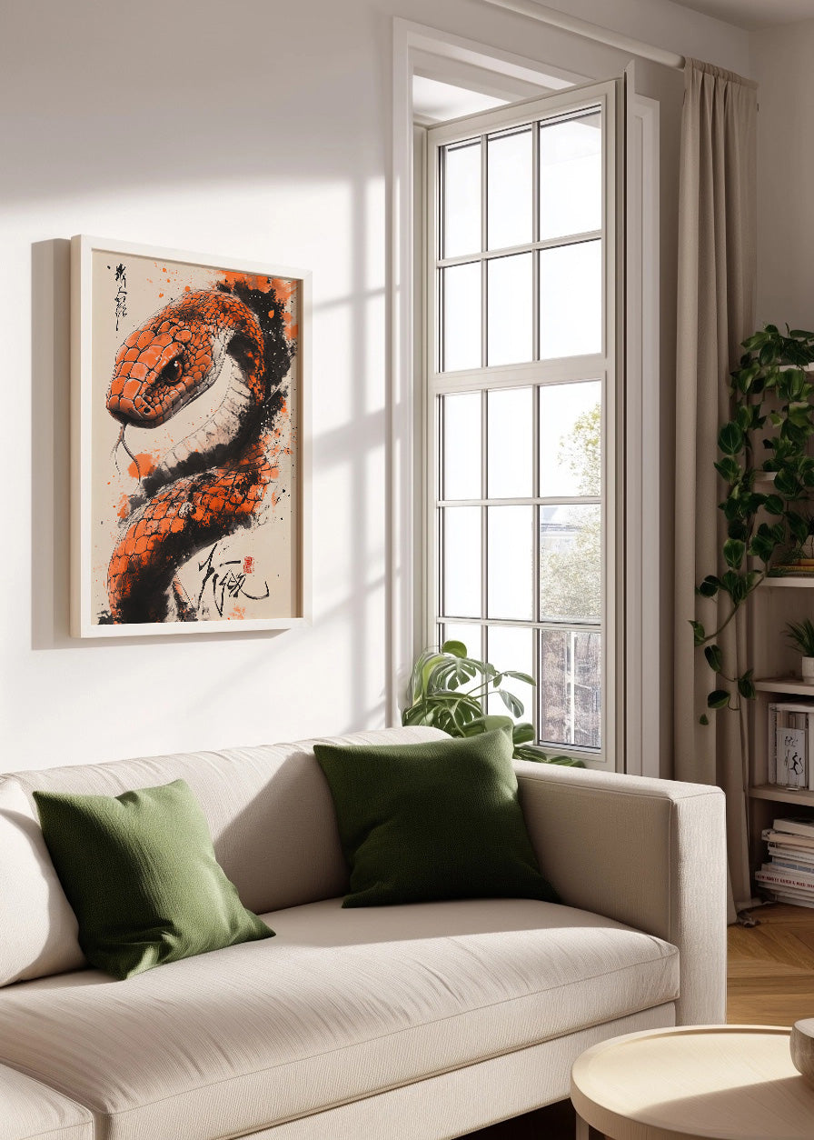 Cuadro Serpiente estilo japonés en color naranja