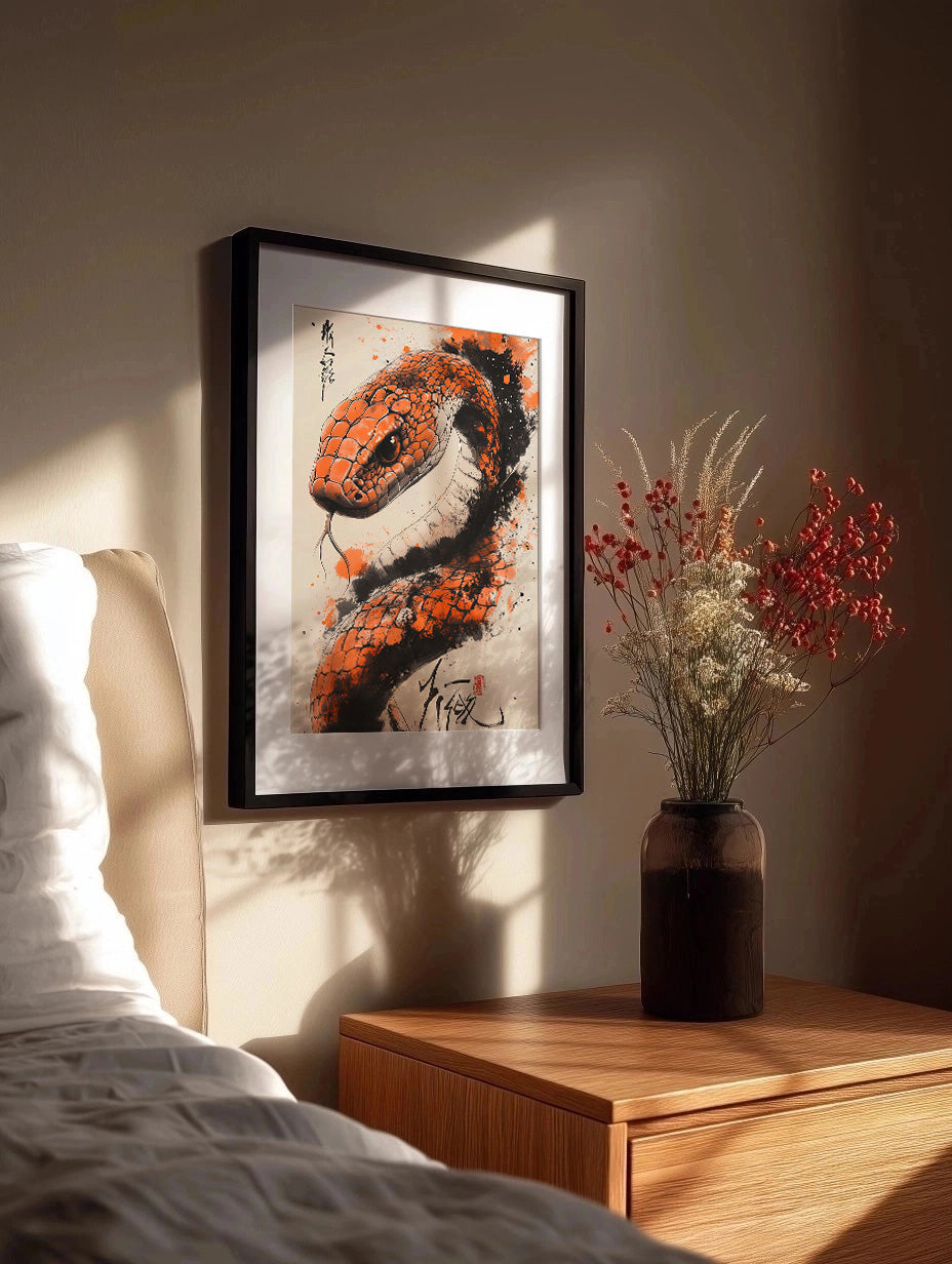 Cuadro Serpiente estilo japonés en color naranja