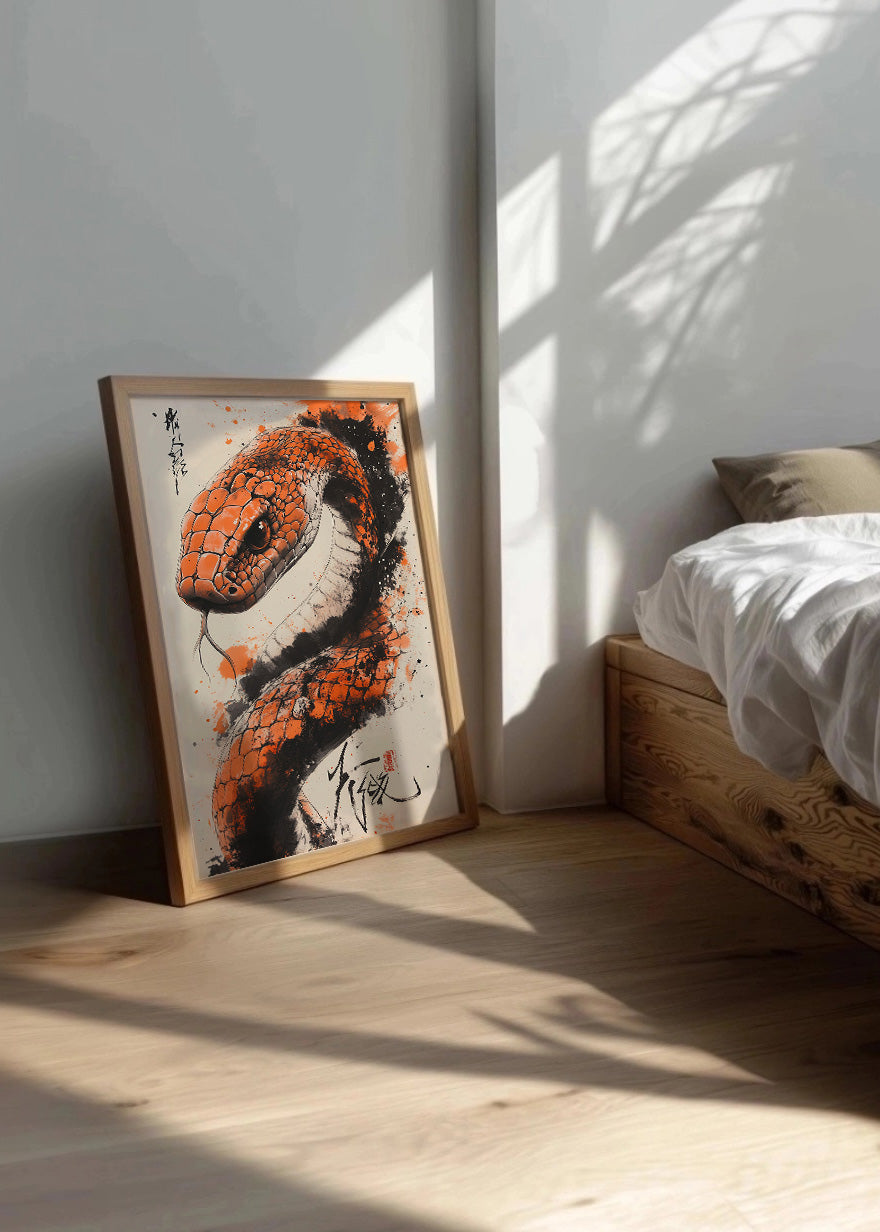 Cuadro Serpiente estilo japonés en color naranja
